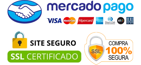 Compra 100% segura, site com certificado SSL, pagamento via Mercado Pago e bandeiras Visa, Mastercard, Hipercard, Amex, Diners Club e Elo